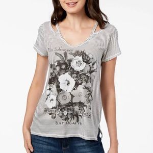 Lucky Brand Cold Shoulder Striped Graphic Tee, Large